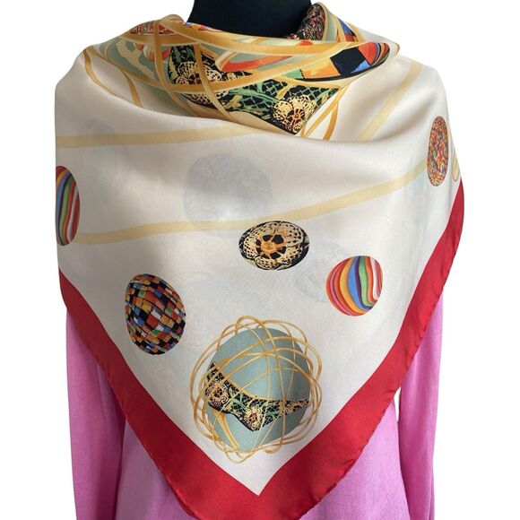 Salvatore Ferragamo Silk Scarf Women Square Ivory Red Astract Designer - Picture 1 of 11